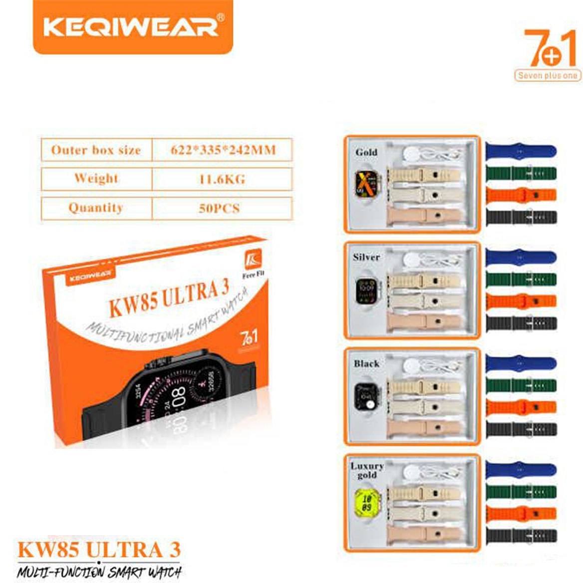 ساعت هوشمند کیوکر مدل KEQIWEAR KW85 ultra3 هفت بند